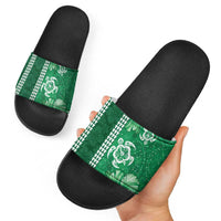 Green Hibiscus Turle Slide Sandals Hawaiian Style Tribal Tapa Pattern - Polynesian Pride