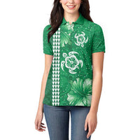 Green Hibiscus Turle Women Polo Shirt Hawaiian Style Tribal Tapa Pattern