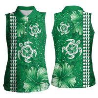 Green Hibiscus Turle Women Sleeveless Polo Shirt Hawaiian Style Tribal Tapa Pattern