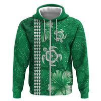 Green Hibiscus Turle Zip Hoodie Hawaiian Style Tribal Tapa Pattern