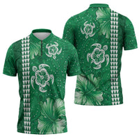 Green Hibiscus Turle Zipper Polo Shirt Hawaiian Style Tribal Tapa Pattern - Polynesian Pride