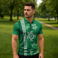 Green Hibiscus Turle Zipper Polo Shirt Hawaiian Style Tribal Tapa Pattern - Polynesian Pride