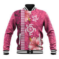 Pink Hibiscus Turle Baseball Jacket Hawaiian Style Tribal Tapa Pattern