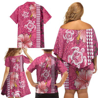 Pink Hibiscus Turle Family Matching Off Shoulder Short Dress and Hawaiian Shirt Hawaiian Style Tribal Tapa Pattern