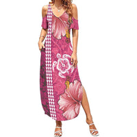 Pink Hibiscus Turle Family Matching Summer Maxi Dress and Hawaiian Shirt Hawaiian Style Tribal Tapa Pattern