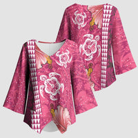 Pink Hibiscus Turle Kimono Sleeve Blouse Hawaiian Style Tribal Tapa Pattern - Polynesian Pride