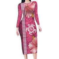 Pink Hibiscus Turle Long Sleeve Bodycon Dress Hawaiian Style Tribal Tapa Pattern