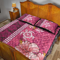 Pink Hibiscus Turle Quilt Bed Set Hawaiian Style Tribal Tapa Pattern