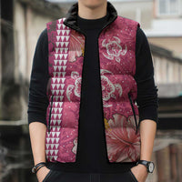 Pink Hibiscus Turle Sleeveless Puffer Jacket Hawaiian Style Tribal Tapa Pattern - Polynesian Pride
