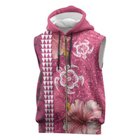 Pink Hibiscus Turle Sleeveless Zip Hoodie Hawaiian Style Tribal Tapa Pattern - Polynesian Pride