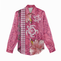 Pink Hibiscus Turle Women Casual Shirt Hawaiian Style Tribal Tapa Pattern