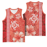 Red Hibiscus Turle Basketball Jersey Hawaiian Style Tribal Tapa Pattern - Polynesian Pride