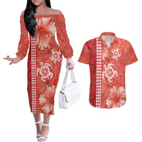 Red Hibiscus Turle Couples Matching Off The Shoulder Long Sleeve Dress and Hawaiian Shirt Hawaiian Style Tribal Tapa Pattern