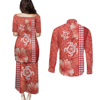 Red Hibiscus Turle Couples Matching Puletasi and Long Sleeve Button Shirt Hawaiian Style Tribal Tapa Pattern