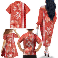 Red Hibiscus Turle Family Matching Off The Shoulder Long Sleeve Dress and Hawaiian Shirt Hawaiian Style Tribal Tapa Pattern