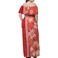Red Hibiscus Turle Family Matching Off Shoulder Maxi Dress and Hawaiian Shirt Hawaiian Style Tribal Tapa Pattern
