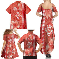 Red Hibiscus Turle Family Matching Summer Maxi Dress and Hawaiian Shirt Hawaiian Style Tribal Tapa Pattern
