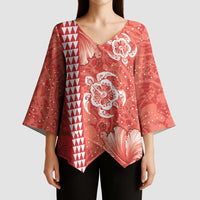 Red Hibiscus Turle Kimono Sleeve Blouse Hawaiian Style Tribal Tapa Pattern - Polynesian Pride