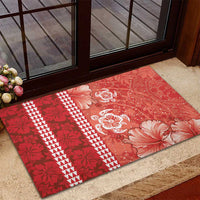 Red Hibiscus Turle Rubber Doormat Hawaiian Style Tribal Tapa Pattern