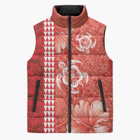 Red Hibiscus Turle Sleeveless Puffer Jacket Hawaiian Style Tribal Tapa Pattern - Polynesian Pride