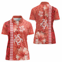 Red Hibiscus Turle Women Polo Shirt Hawaiian Style Tribal Tapa Pattern