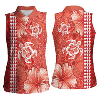 Red Hibiscus Turle Women Sleeveless Polo Shirt Hawaiian Style Tribal Tapa Pattern