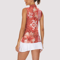 Red Hibiscus Turle Women Sleeveless Polo Shirt Hawaiian Style Tribal Tapa Pattern