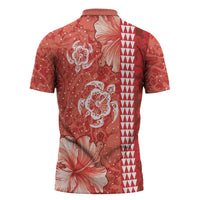 Red Hibiscus Turle Zipper Polo Shirt Hawaiian Style Tribal Tapa Pattern - Polynesian Pride