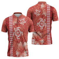 Red Hibiscus Turle Zipper Polo Shirt Hawaiian Style Tribal Tapa Pattern - Polynesian Pride