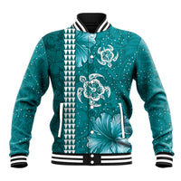 Teal Hibiscus Turle Baseball Jacket Hawaiian Style Tribal Tapa Pattern