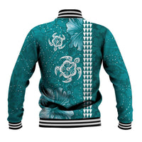 Teal Hibiscus Turle Baseball Jacket Hawaiian Style Tribal Tapa Pattern