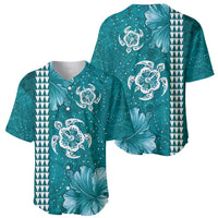 Teal Hibiscus Turle Baseball Jersey Hawaiian Style Tribal Tapa Pattern