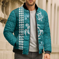 Teal Hibiscus Turle Bomber Puffer Jacket Hawaiian Style Tribal Tapa Pattern - Polynesian Pride