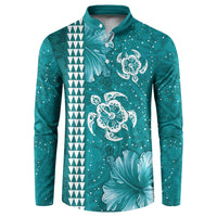 Teal Hibiscus Turle Button Sweatshirt Hawaiian Style Tribal Tapa Pattern