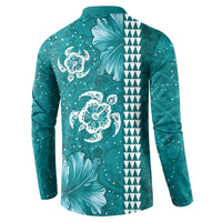 Teal Hibiscus Turle Button Sweatshirt Hawaiian Style Tribal Tapa Pattern