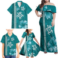 Teal Hibiscus Turle Family Matching Off Shoulder Maxi Dress and Hawaiian Shirt Hawaiian Style Tribal Tapa Pattern
