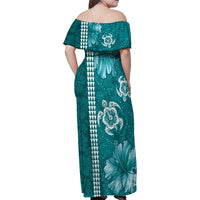 Teal Hibiscus Turle Family Matching Off Shoulder Maxi Dress and Hawaiian Shirt Hawaiian Style Tribal Tapa Pattern
