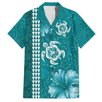 Teal Hibiscus Turle Family Matching Off Shoulder Short Dress and Hawaiian Shirt Hawaiian Style Tribal Tapa Pattern