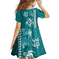 Teal Hibiscus Turle Family Matching Short Sleeve Bodycon Dress and Hawaiian Shirt Hawaiian Style Tribal Tapa Pattern