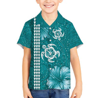 Teal Hibiscus Turle Family Matching Short Sleeve Bodycon Dress and Hawaiian Shirt Hawaiian Style Tribal Tapa Pattern