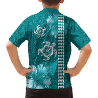 Teal Hibiscus Turle Family Matching Tank Maxi Dress and Hawaiian Shirt Hawaiian Style Tribal Tapa Pattern