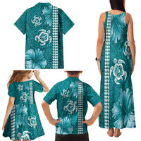 Teal Hibiscus Turle Family Matching Tank Maxi Dress and Hawaiian Shirt Hawaiian Style Tribal Tapa Pattern