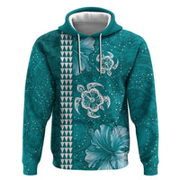 Teal Hibiscus Turle Hoodie Hawaiian Style Tribal Tapa Pattern