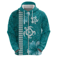 Teal Hibiscus Turle Hoodie Hawaiian Style Tribal Tapa Pattern