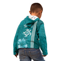 Teal Hibiscus Turle Kid Hoodie Hawaiian Style Tribal Tapa Pattern