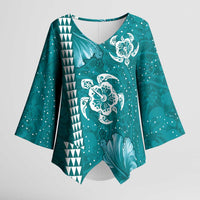 Teal Hibiscus Turle Kimono Sleeve Blouse Hawaiian Style Tribal Tapa Pattern - Polynesian Pride