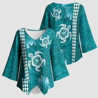 Teal Hibiscus Turle Kimono Sleeve Blouse Hawaiian Style Tribal Tapa Pattern - Polynesian Pride