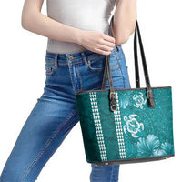 Teal Hibiscus Turle Leather Tote Bag Hawaiian Style Tribal Tapa Pattern