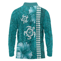 Teal Hibiscus Turle Long Sleeve Polo Shirt Hawaiian Style Tribal Tapa Pattern