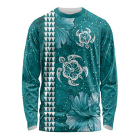 Teal Hibiscus Turle Long Sleeve Shirt Hawaiian Style Tribal Tapa Pattern